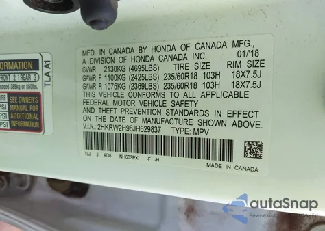 2018 Honda Cr-V Touring z USA, uszkodzony, nr VIN 2HKRW2H98JH629837